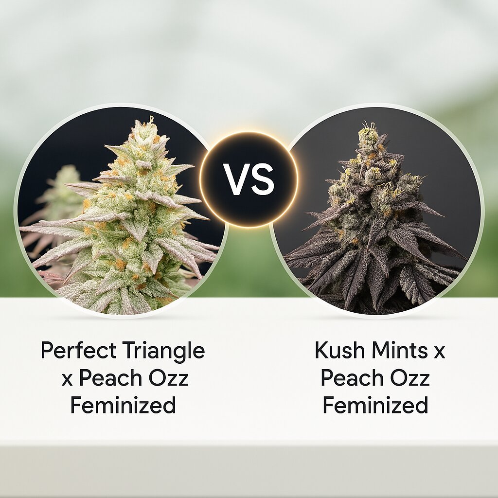 Perfect Triangle x Peach Ozz (Perfect Tree Seeds) vs Kush Mints x Peach Ozz (Perfect Tree Seeds) Vergleich von Cannabissamen