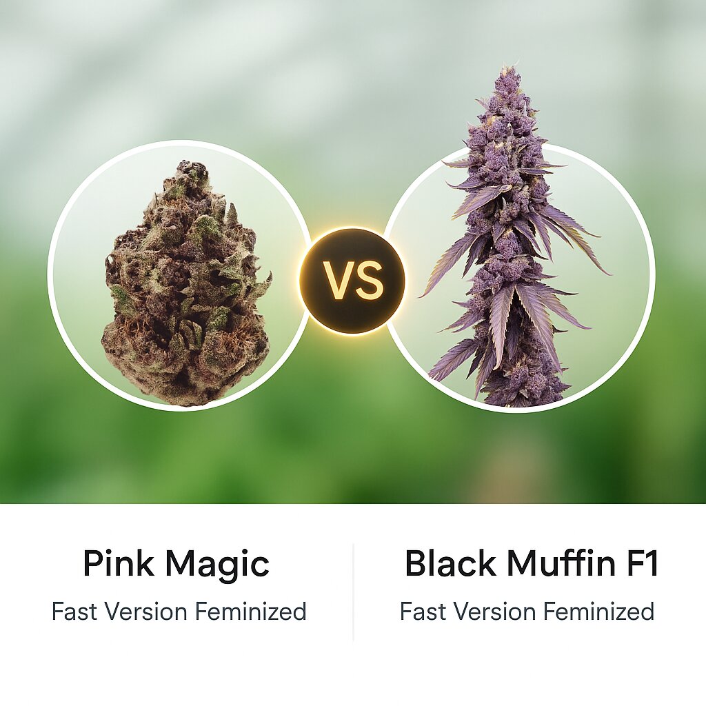 Pink Magic Fast Version (Growers Choice) vs Black Muffin F1 Fast Version (Sweet Seeds) Vergleich von Cannabissamen