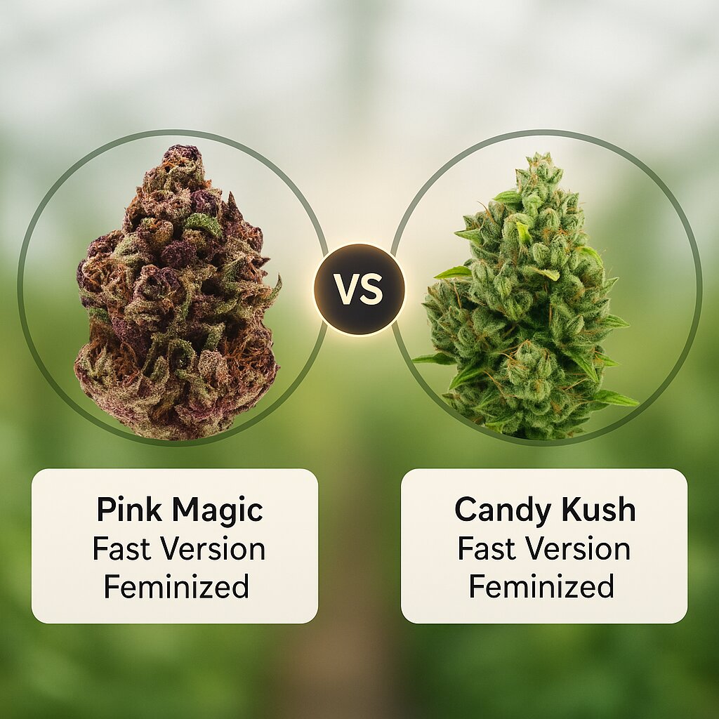Pink Magic Fast Version (Growers Choice) vs Candy Kush Fast Version (Royal Queen Seeds) Vergleich von Cannabissamen