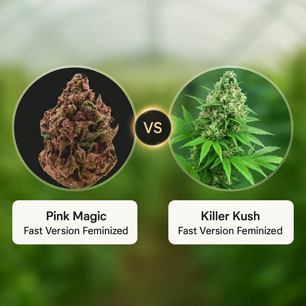 Pink Magic Fast Version (Growers Choice) vs Killer Kush Fast Version (Sweet Seeds) Vergleich von Hanfsamen