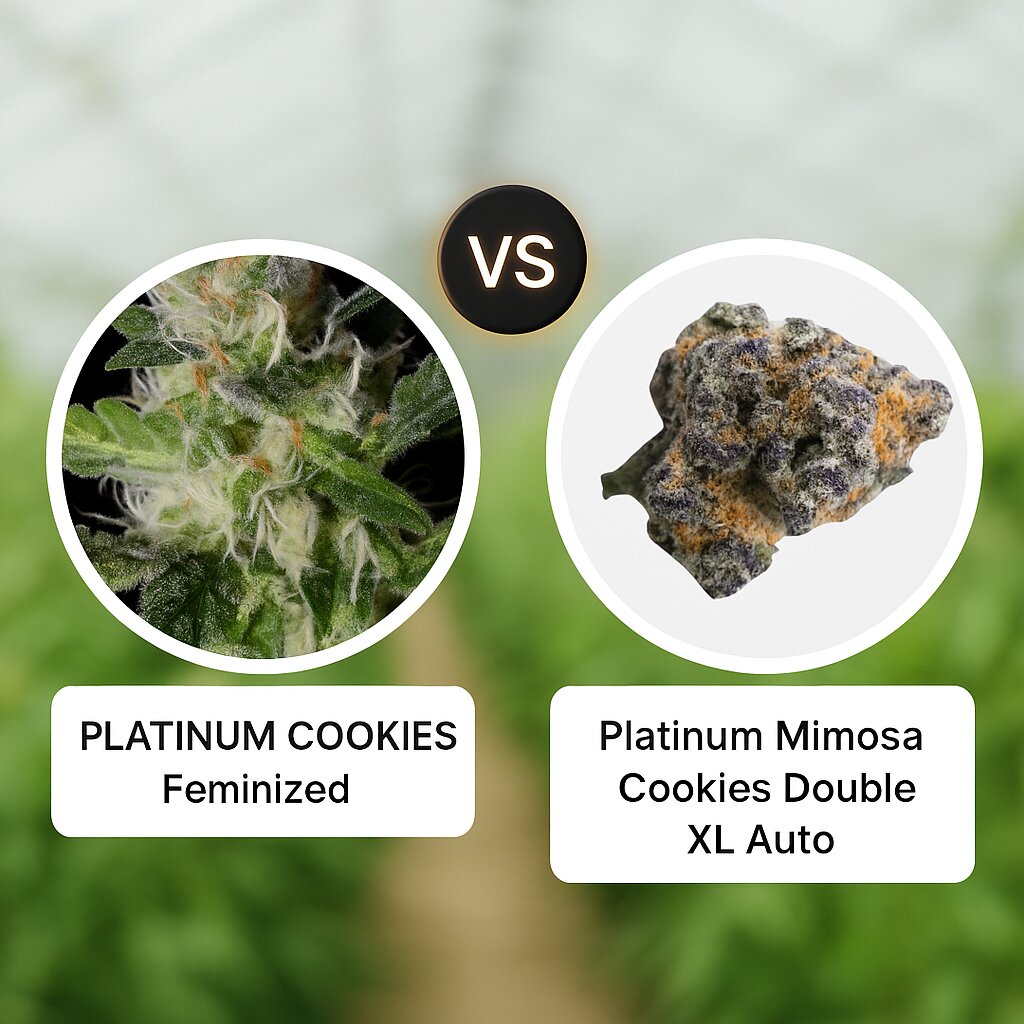 PLATINUM COOKIES (Bighead Seeds) vs Platinum Mimosa Cookies Double XL (Growers Choice) Cannabis Samen Vergleich