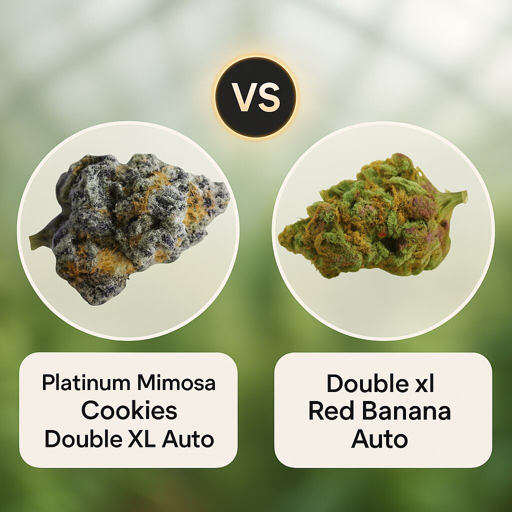 Platinum Mimosa Cookies Double XL (Growers Choice) vs Double xl Red Banana Auto (Growers Choice) Vergleich von Cannabissamen