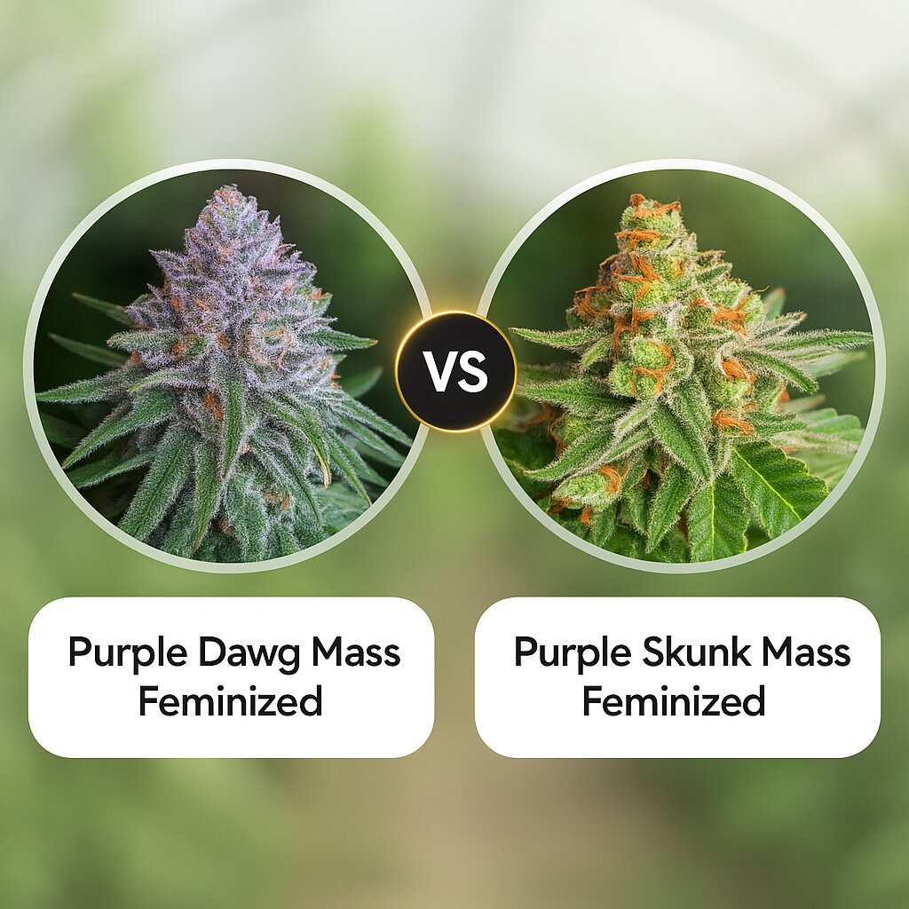 Purple Dawg Mass (Critical Mass Collective) vs Purple Skunk Mass (Critical Mass Collective) Vergleich von Cannabissamen