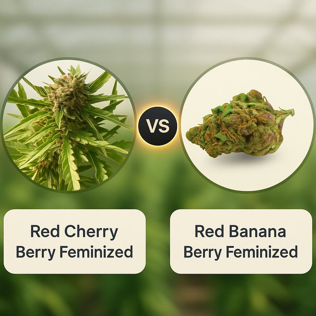 Red Cherry Berry (Barneys Farm) vs Red Banana Berry (Growers Choice) Vergleich von Cannabissamen