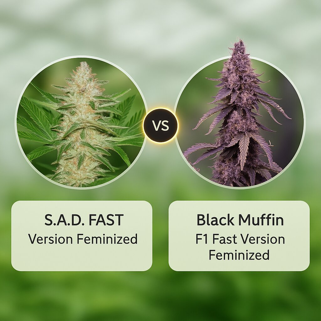 S.A.D. FAST Version (Sweet Seeds) vs Black Muffin F1 Fast Version (Sweet Seeds) Vergleich von Cannabissamen