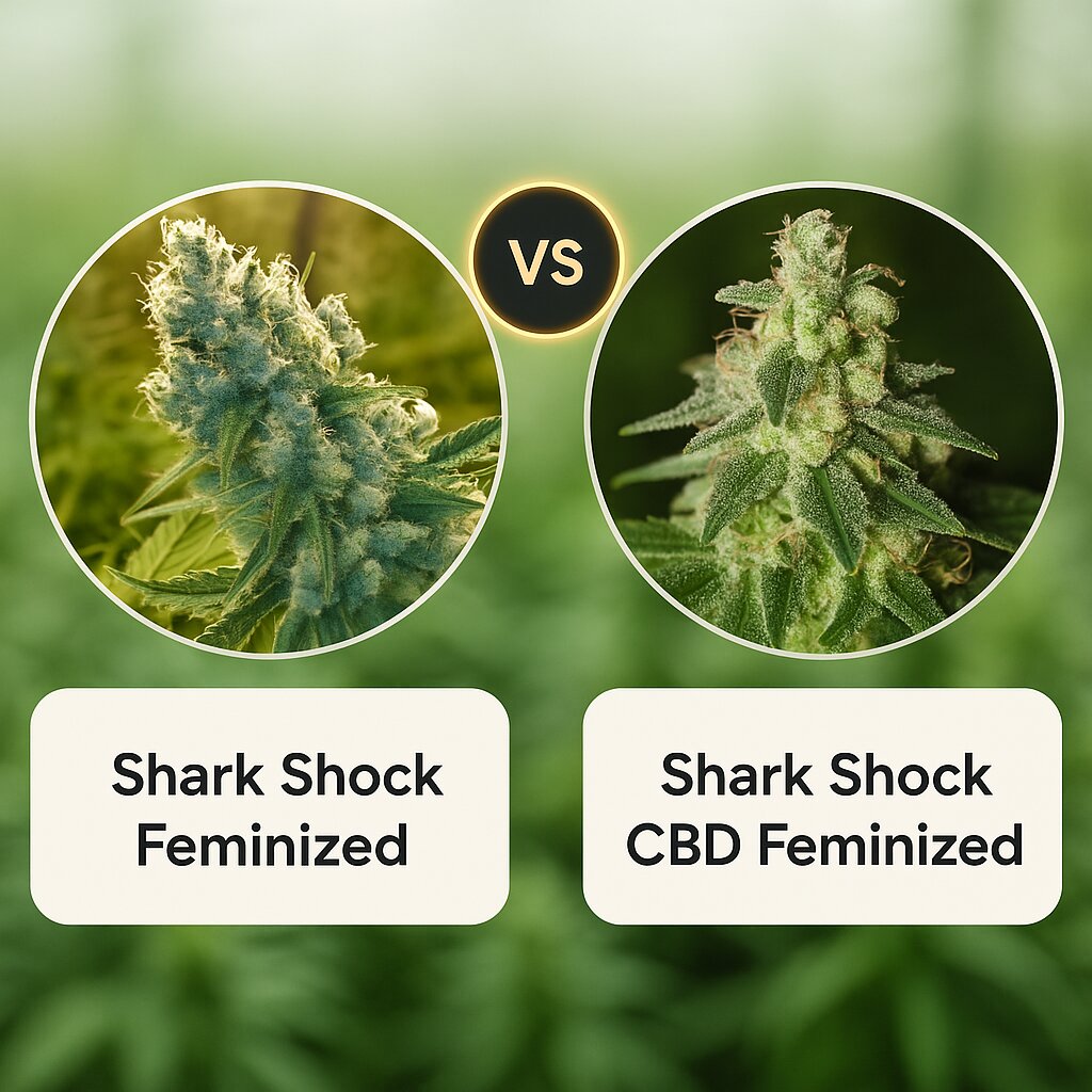 Shark Shock (CBD Crew) vs Shark Shock CBD (DinaFem Seeds) Cannabissamenvergleich