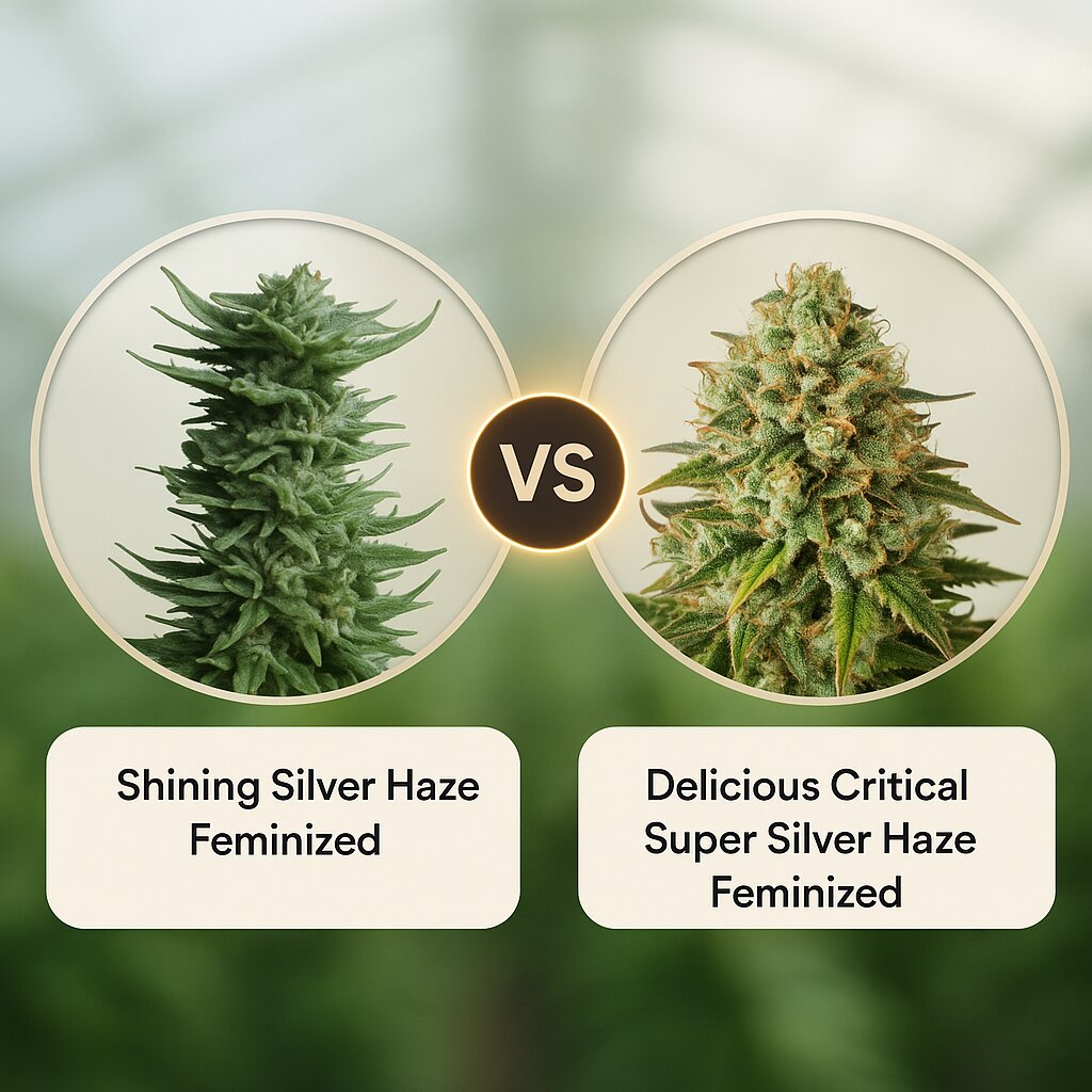 Shining Silver Haze (Royal Queen Seeds) vs Delicious Critical Super Silver Haze (Delicious Seeds) Vergleich von Cannabissamen