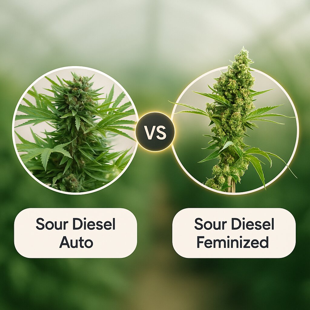 Sour Diesel Auto (Humboldt Seed Organization) vs Sour Diesel (Bulldog Seeds) Vergleich von Cannabissamen