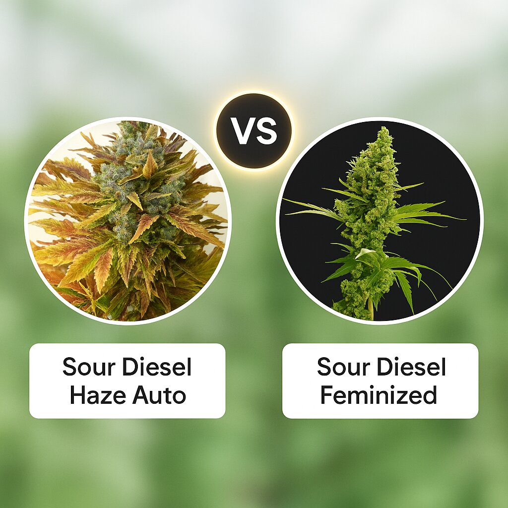 Sour Diesel Haze Auto (Seedsman) vs Sour Diesel (Bulldog Seeds) Vergleich von Cannabissamen
