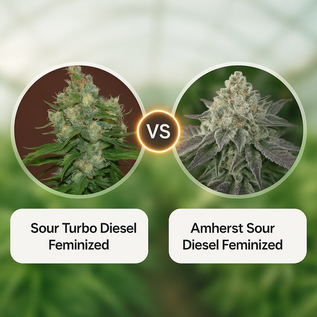Sour Turbo Diesel (Cream of the Crop) vs Amherst Sour Diesel (Humboldt Seed Organization) Vergleich von Hanfsamen