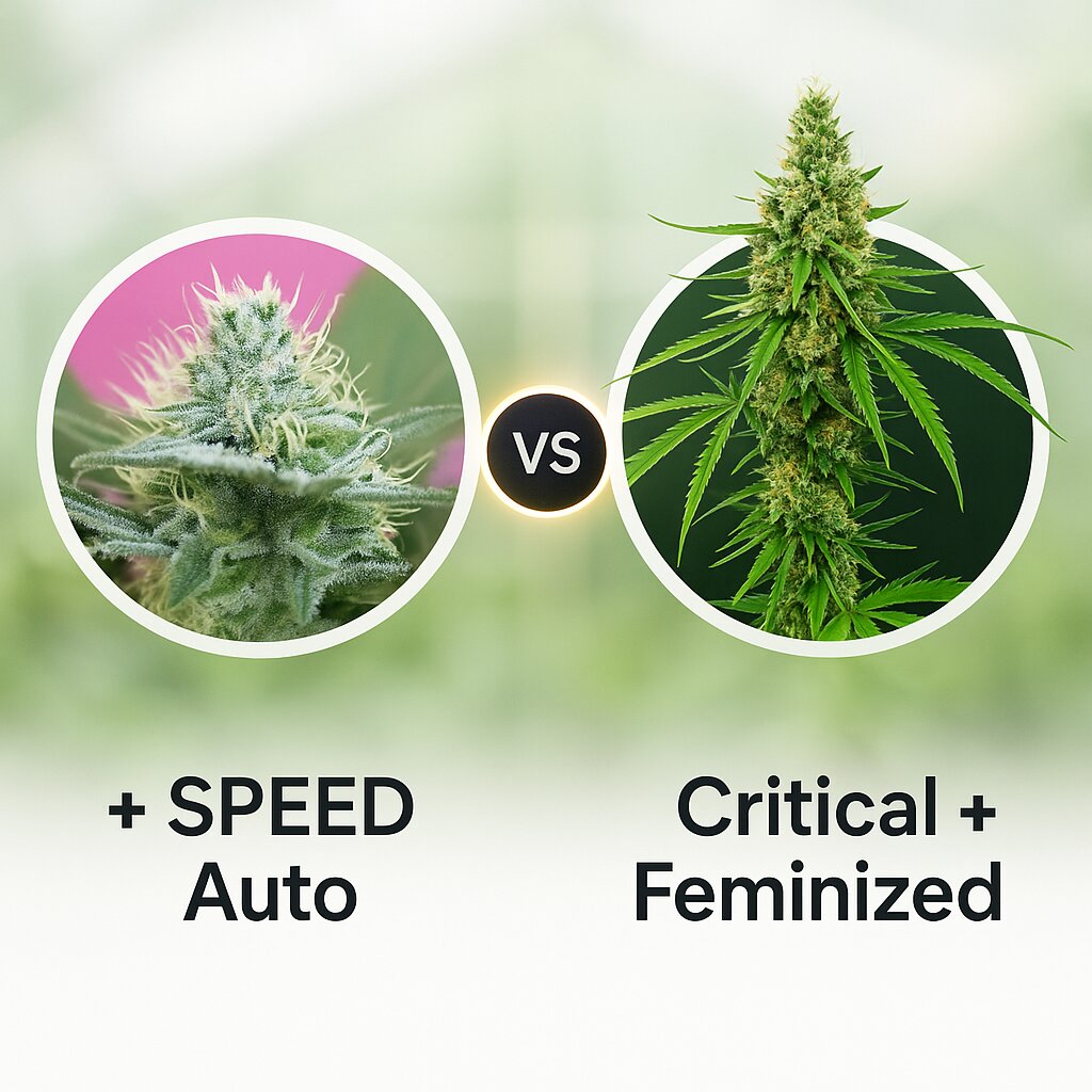  + SPEED (Sweet Seeds) vs Critical + (DinaFem Seeds) Vergleich von Cannabissamen