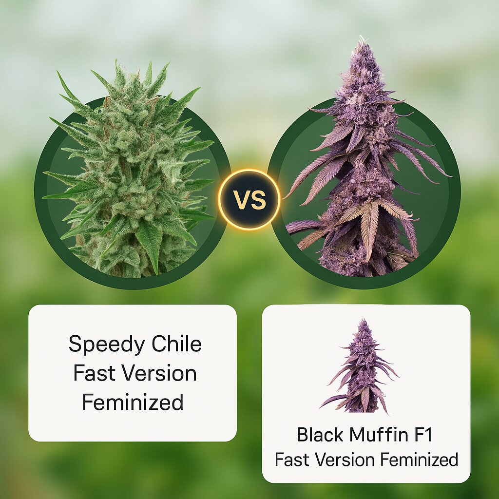 Speedy Chile Fast Version (Royal Queen Seeds) vs Black Muffin F1 Fast Version (Sweet Seeds) Vergleich von Hanfsamen