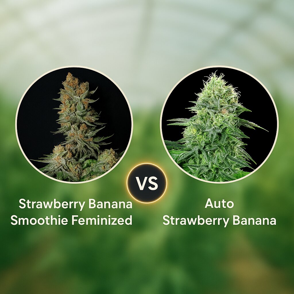 Strawberry Banana Smoothie (Cali Weed) vs Auto Strawberry Banana (Anesia Seeds) Vergleich von Cannabissamen