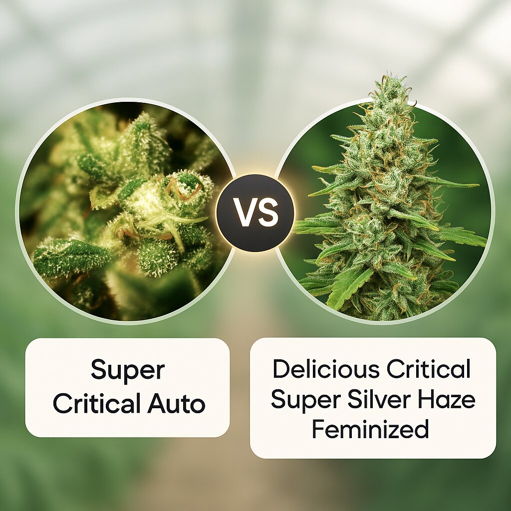 Super Critical Auto (Greenhouse Seed Co) vs Delicious Critical Super Silver Haze (Delicious Seeds) Cannabissamenvergleich