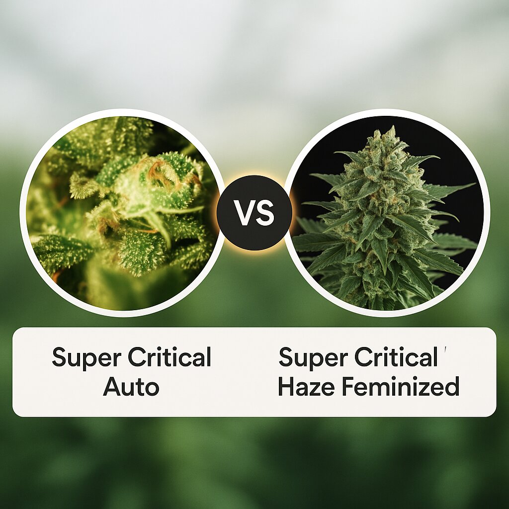 Super Critical Auto (Greenhouse Seed Co) vs Super Critical Haze (DinaFem Seeds) Vergleich von Cannabissamen