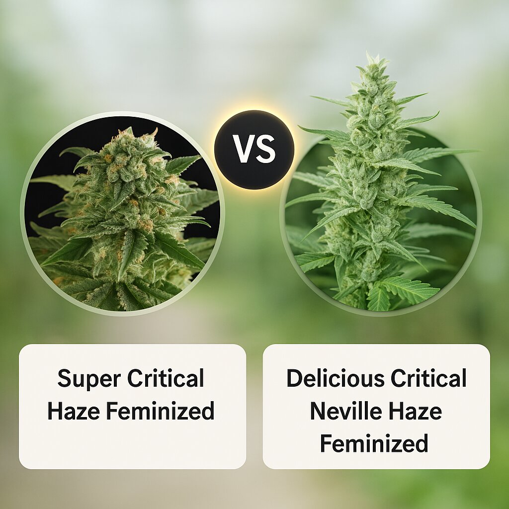 Super Critical Haze (DinaFem Seeds) vs Delicious Critical Neville Haze (Delicious Seeds) Vergleich von Hanfsamen