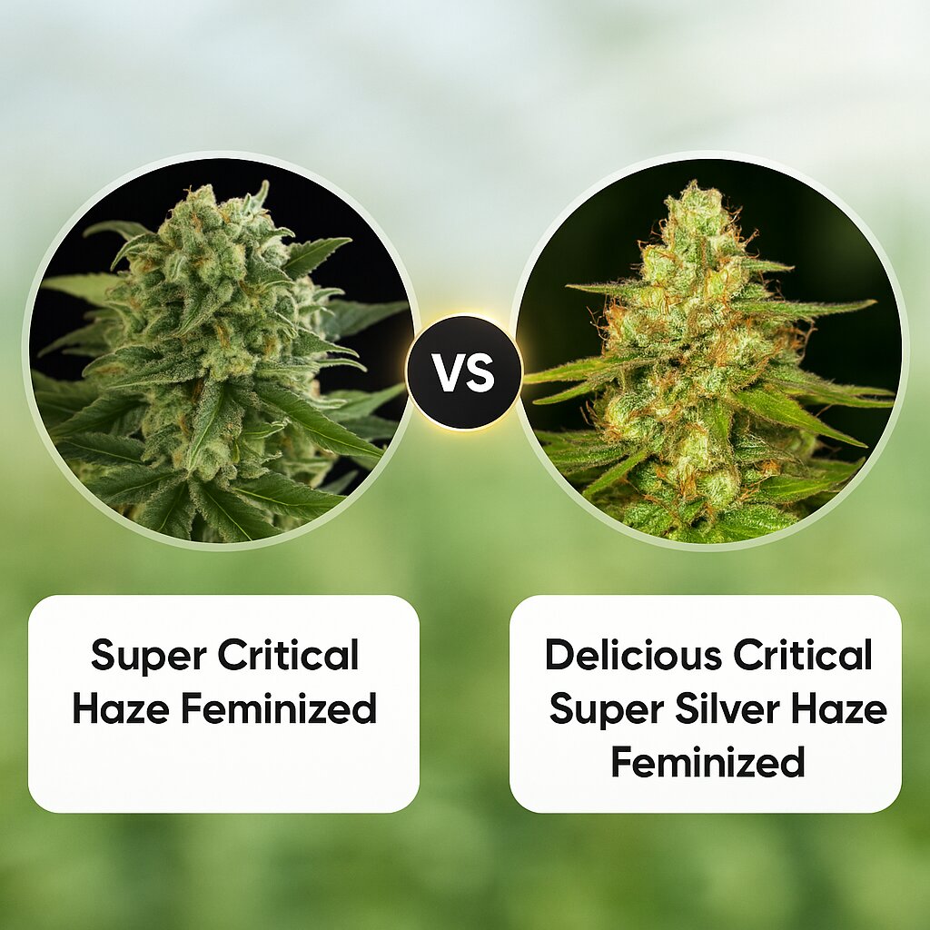 Super Critical Haze (DinaFem Seeds) vs Delicious Critical Super Silver Haze (Delicious Seeds) Vergleich von Cannabissamen