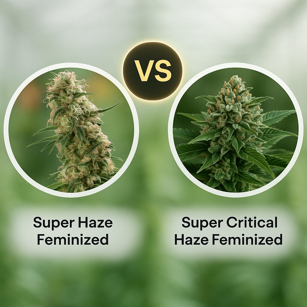 Super Haze (Dutch Passion) vs Super Critical Haze (DinaFem Seeds) Vergleich von Cannabissamen