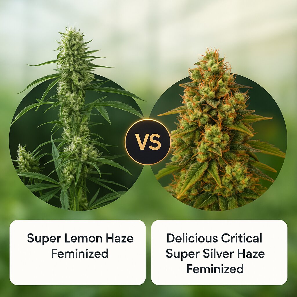 Super Lemon Haze (Greenhouse Seed Co) vs Delicious Critical Super Silver Haze (Delicious Seeds) Vergleich von Cannabissamen