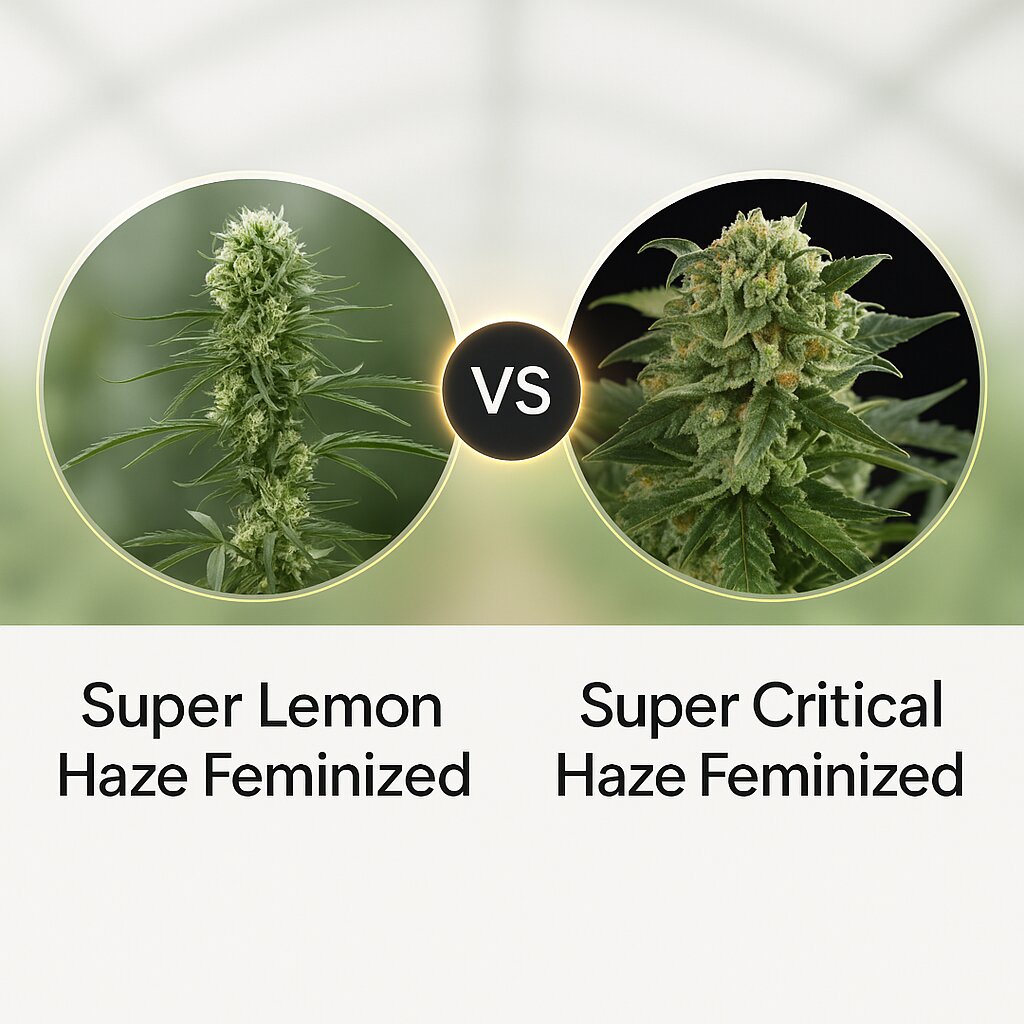 Super Lemon Haze (Greenhouse Seed Co) vs Super Critical Haze (DinaFem Seeds) Cannabissamen Vergleich