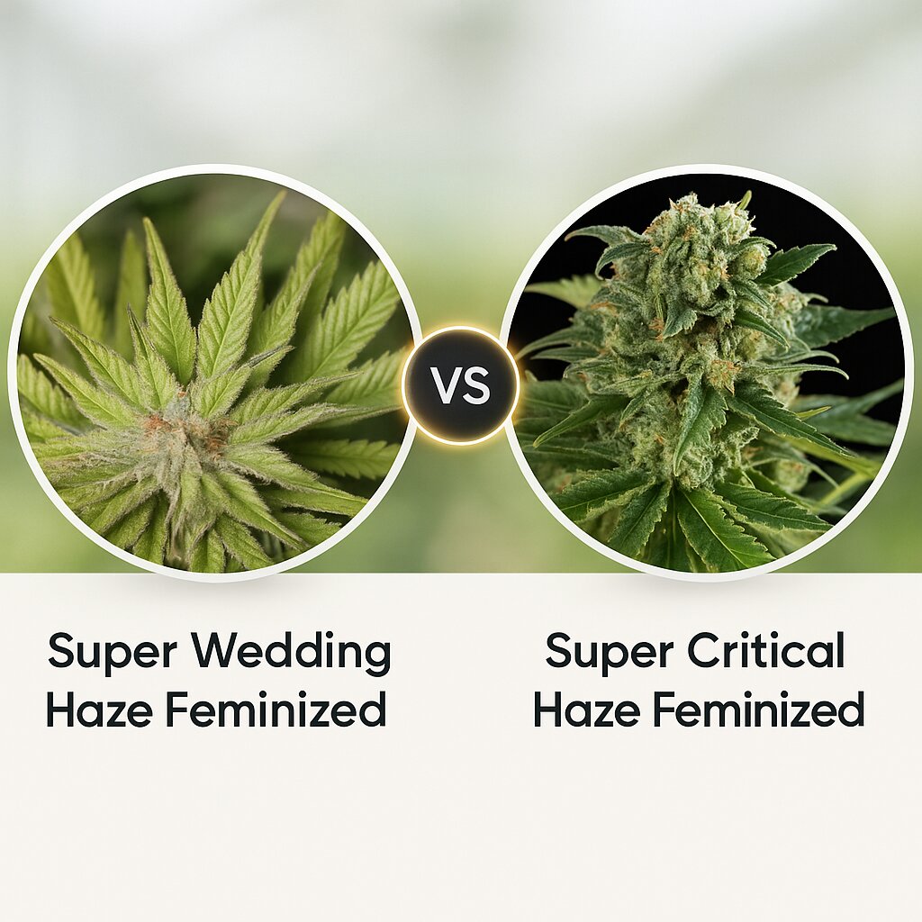 Super Wedding Haze (Cream of the Crop) vs Super Critical Haze (DinaFem Seeds) Vergleich von Hanfsamen