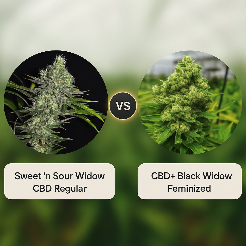 Sweet 'n Sour Widow CBD (CBD Crew) vs CBD+ Black Widow (Positronics) Cannabis Samen Vergleich