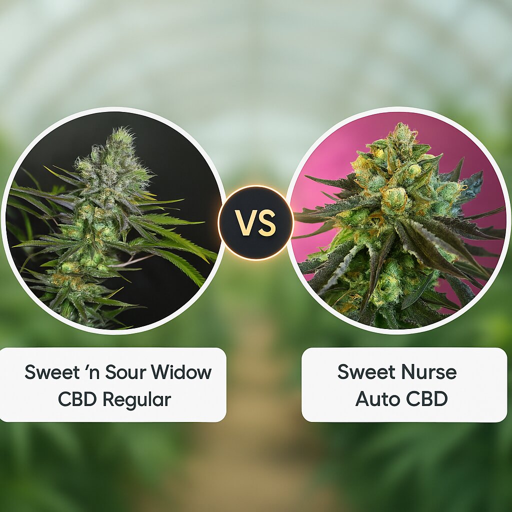 Sweet 'n Sour Widow CBD (CBD Crew) vs Sweet Nurse Auto CBD (Sweet Seeds) Vergleich von Cannabissamen