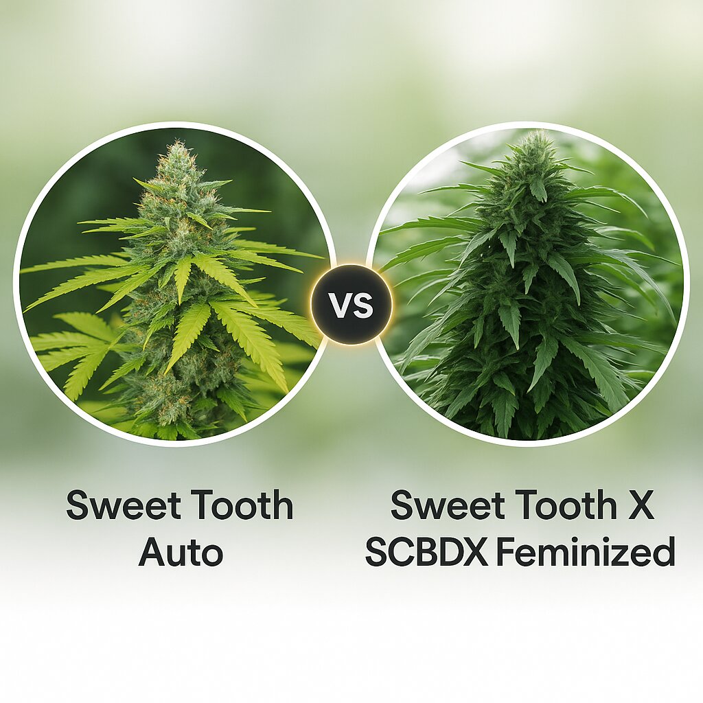 Sweet Tooth Auto (Barneys Farm) vs Sweet Tooth X SCBDX (SuperCBDx) Vergleich von Cannabissamen