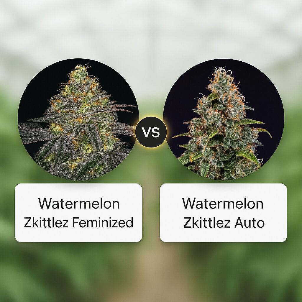 Watermelon Zkittlez (Barneys Farm) vs Watermelon Zkittlez Auto (Barneys Farm) Cannabis Samen Vergleich