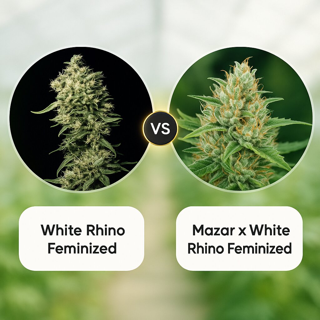 White Rhino (Greenhouse Seed Co) vs Mazar x White Rhino (World of Seeds) Cannabis Samen Vergleich