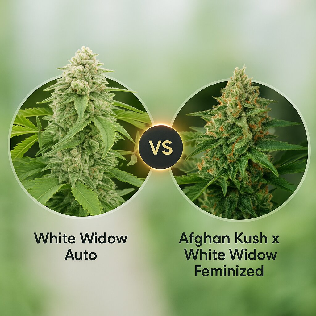 White Widow Auto (DinaFem Seeds) vs Afghan Kush x White Widow (World of Seeds) Vergleich von Cannabissamen