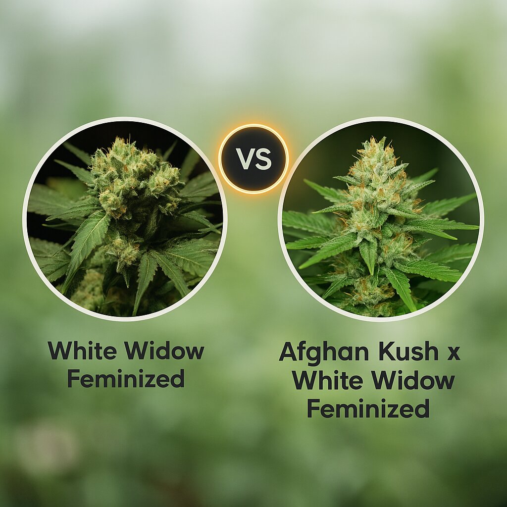 White Widow (Bulldog Seeds) vs Afghan Kush x White Widow (World of Seeds) Vergleich von Cannabissamen