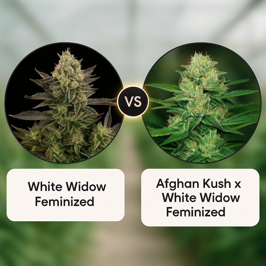 White Widow (DinaFem Seeds) vs Afghan Kush x White Widow (World of Seeds) Vergleich von Cannabissamen