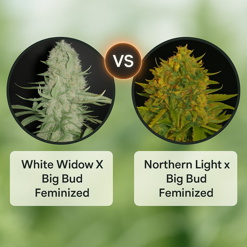 White Widow X Big Bud (Female Seeds) vs Northern Light x Big Bud (World of Seeds) Vergleich von Cannabissamen