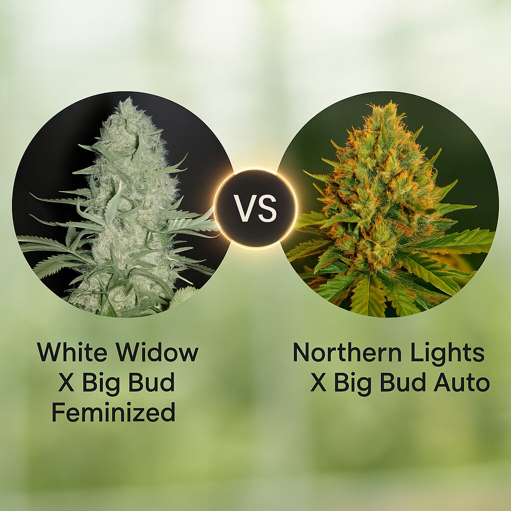 White Widow X Big Bud (Female Seeds) vs Northern Lights X Big Bud Auto (World of Seeds) Cannabissamenvergleich